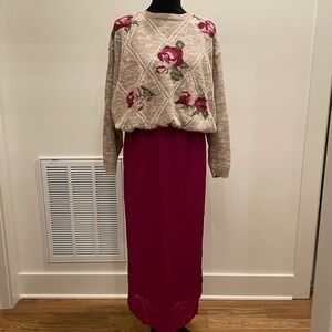 CHRISANTHEME Women Beige Knit Sweater Top Size 22/24 Venezia Magenta Skirt Set